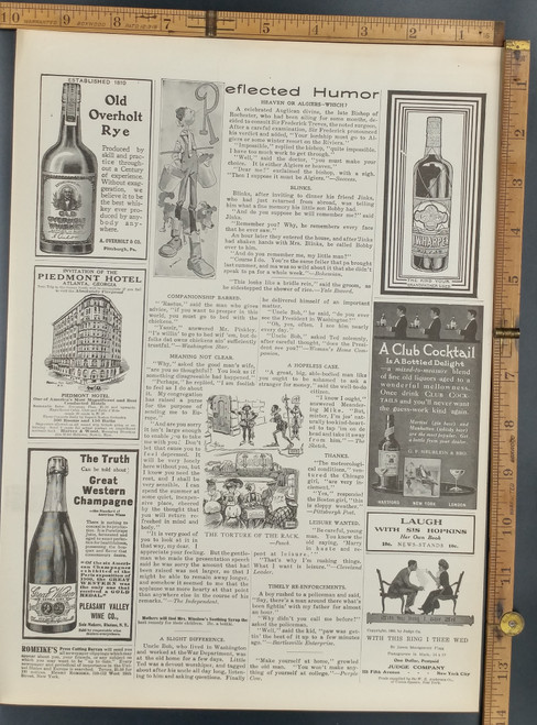 Ad for Old Overholt Rye Whiskey, I.W. Harper Ale, Piedmont Hotel and Great Western Champagne. Original Antique Print 1909.