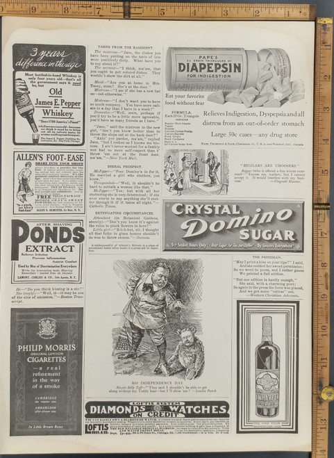 Ads for Crystal Domino Sugar, James E. Pepper Whiskey, Ponds Extract, Allen's Foot-Ease and Diapepsin. Theodore Roosevelt as a Teddy Bear. Original Antique Print 1909.