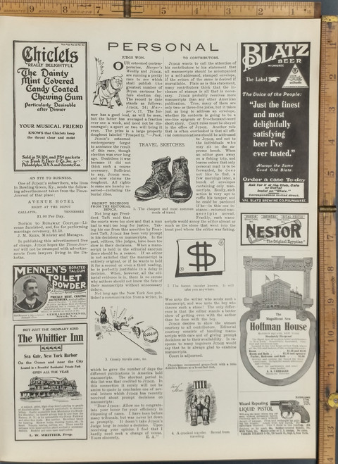 Ads for Chiclets chewing gum, Blats Beer, Hoffman House, Wizard Repeating Liquid Pistol, Mennen's Borated Talcum Toilet Powder the Whittier Inn and Nestor Cigarettes. Original Antique Print 1909.