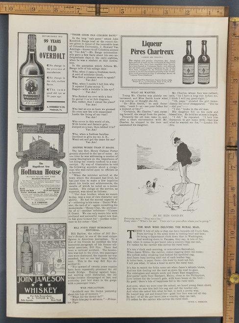 The funny man and the drowning man. Ads for Jon Jameson Whiskey, Hoffman House, Old Overholt Whiskey and Liqueur Peres Chartreux. Original Antique Print 1909.