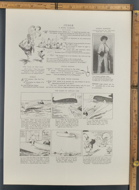 Maxine Elliott in "The Inferior Sex" at Daly's. Comic, The Yarns of Captain Fibb. Boat going through a whale and the Emperor of China in his palace. Original Antique Print 1910.