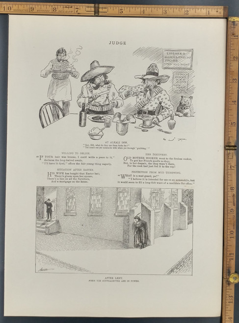 After Lent, when the Suffragettes are in power. At Alkali Inn, using a fork on a mustache. Original Antique Print 1910.