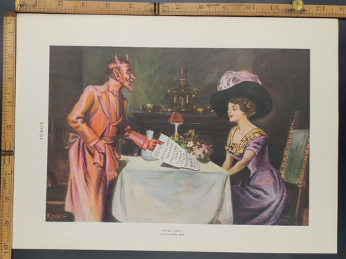 After Lent by Flohri. The Devil serving up a menu to a beautiful woman wearing a purple dress. Original Antique Color Print 1910.