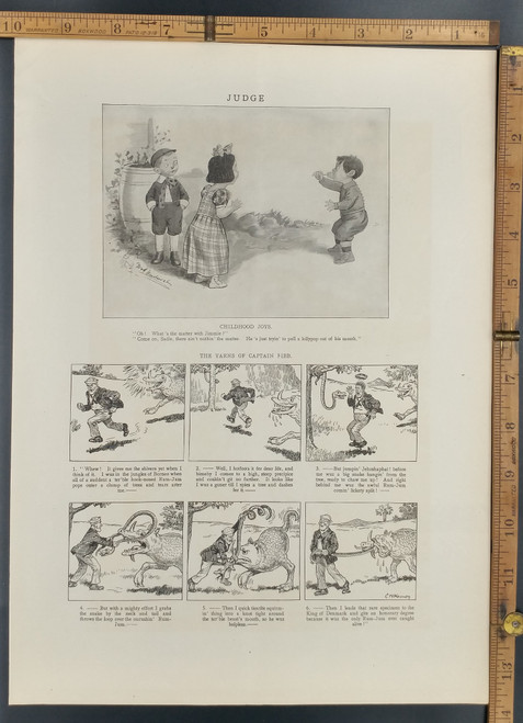 Childhood joys, a boy sucking on a lollipop. The yarns of Captain Fibb. Using a large snake to catch a wild beast. Original Antique Print 1910.