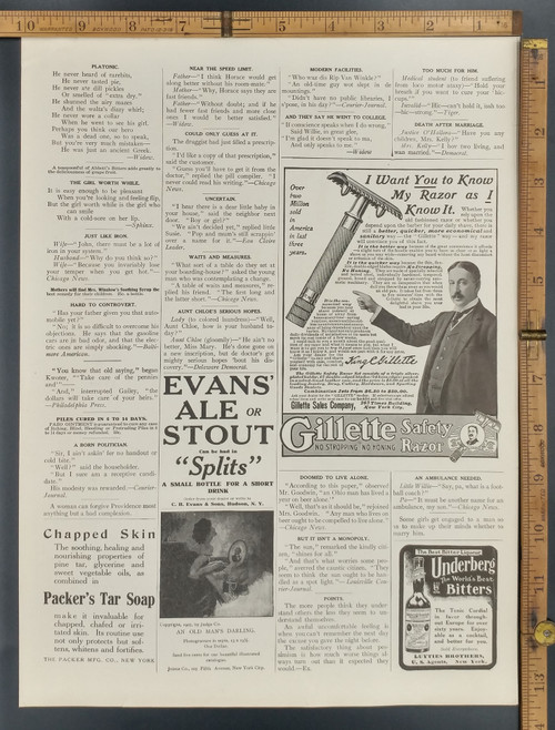 Old advertisement for Gillette razor and Packer's Tar Soap. Original Antique Print 1908.