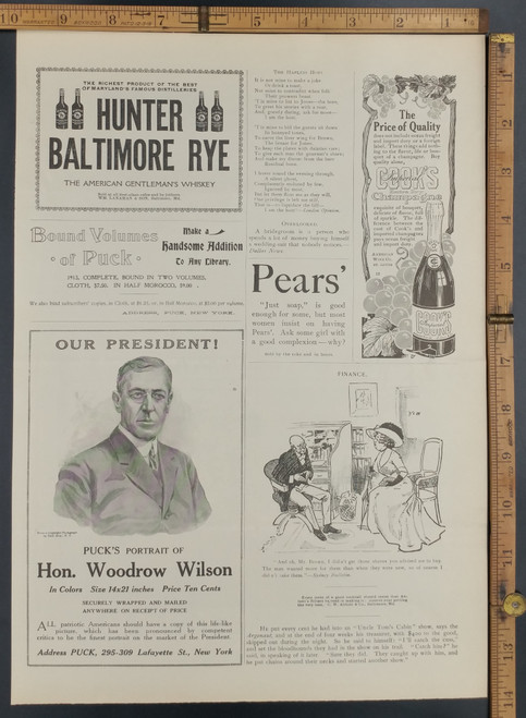 Ad for Cook's Champagne and Hunter Baltimore Rye. Portrait of our President Hon. Woodrow Wilson. Original Antique Print 1914.