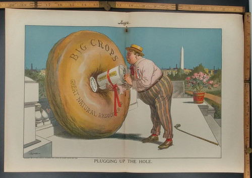 Plugging up the hole by Flohri. President William Taft using a tariff bill to help with a business depression. Big crops and great natural resources. Original Antique Large Color Print between 1906 and 1914.