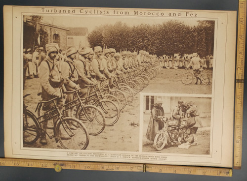 Turbaned cyclist from Morocco and Fez along with a French motorcycle. Original Antique WWI Print, photo 1916.