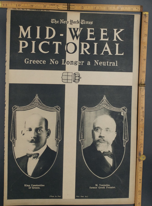 Greece no longer a neutral, king Constantine and former Greek Premier M. Venizelos. New York Times Mid-Week Pictorial. Original Antique WWI Print, photo 1916.