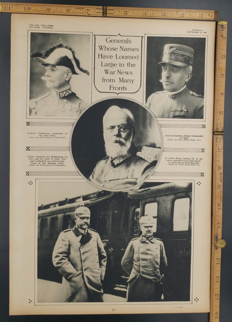 General Cordonmer, General Hindenburg and his chief of staff, General Ludendorf. Italian Commander General Cadorna. King Ludwig III of Bavaria. Original Antique WWI Print, photo 1916.