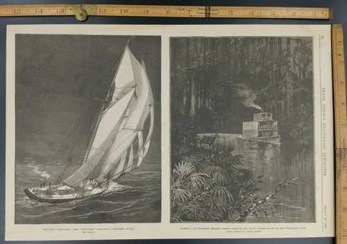 An Excupsion Steamer passing through the great Cypress swamp on the Ocklawaha River in Florida. The ocean Yacht race, the dauntless signaling a steamship at sea. Engraving from 1887.