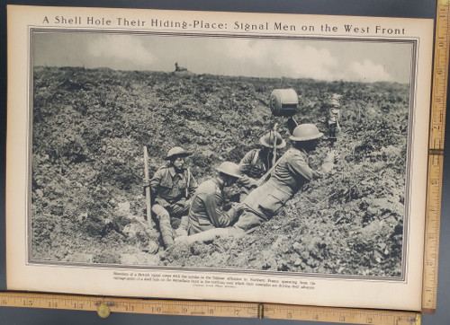 British Signal Men on the Western Front hiding in a shell hole. Original Antique WWI Print, photo 1916.