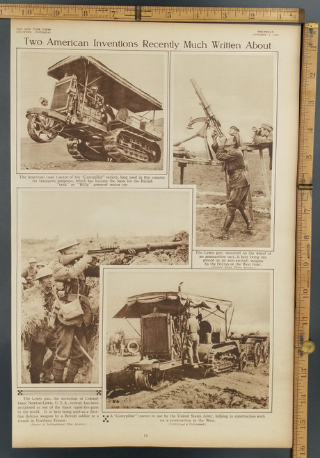 Two American inventions: Caterpiller as the tank and willey, mounted Lewis gun as an anti-aircraft gun. Original Antique rotogravure-sepia tone WWI Print, photo 1916.