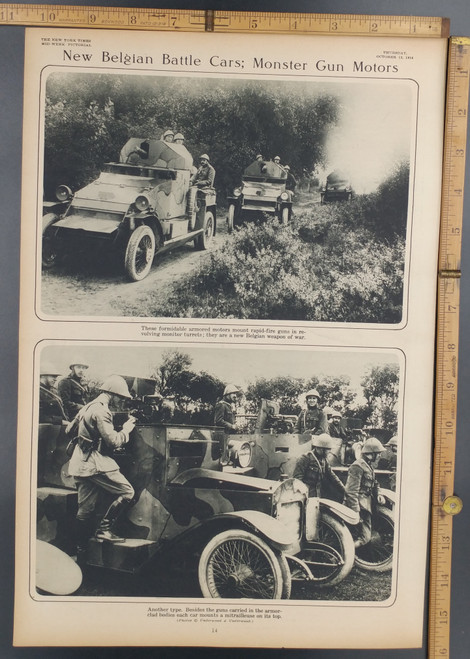 New Belgian Battle Cars; Monster gun motors. A mounted mitrailleuse gun.Original Antique WWI Print, photo 1916.