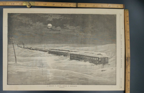 Blizzard in Dakota a Train Caught in Snowdrifts. Original Engraving/Print from 1886.