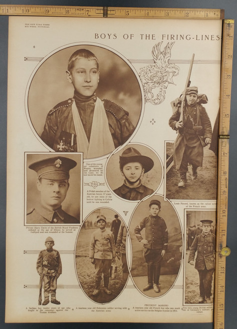 Boys of the firing line. A child wounded in war. Private Harry of the British Royal Fusileers. Twelve year old Serbian boy and 14yo Bohemian soldier. Louis Pavord of the French Army. Original Antique WWI Print, photo 1916.