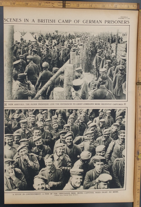 Scenes in a British camp of German prisoners. Smiling POW in a World War One camp. Original Antique WWI Print, photo 1916.