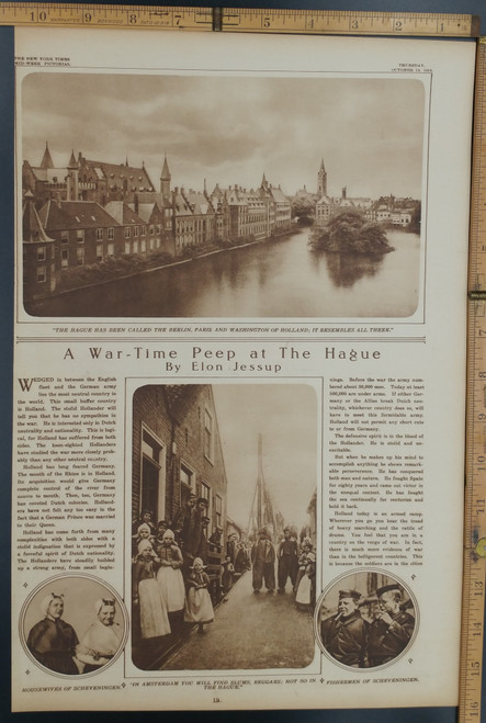 A war time peep at the Hague by Elon Jessup. A lovely Holland city. The slums of Amsterdam. Original Antique WWI Print, photo 1916.