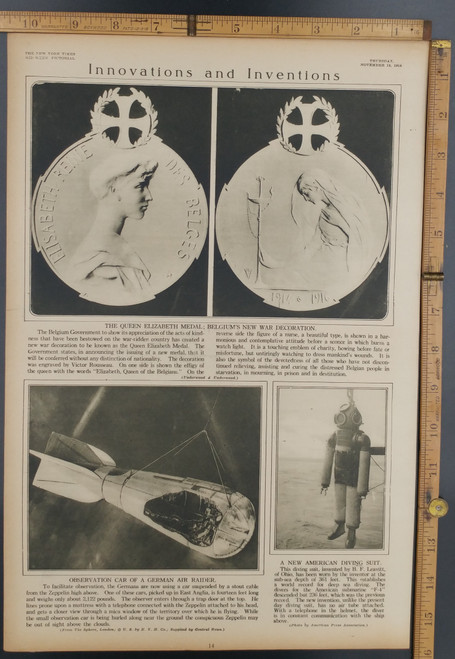 The Queen Elizabeth Medal: Belgiums new war decoration. Observation car of a German Air Rader. New American diving suit. Original Antique WWI Rotogravure-Sepia Tone Print, photo 1916.