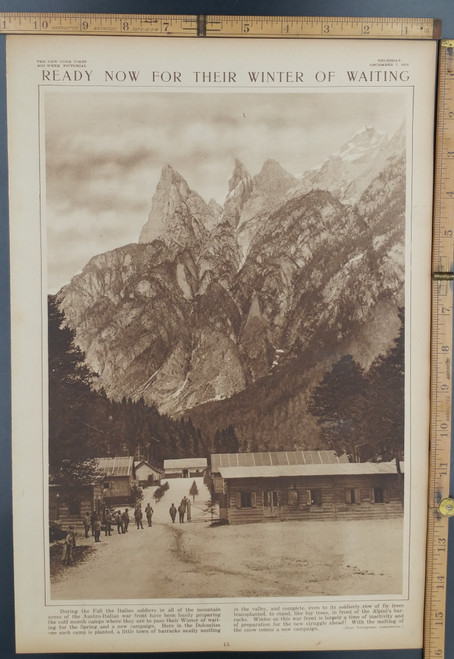 Ready now for their winter of waiting. A little town of barracks in the Dolomites. Beautiful view of mountains. Original Antique WWI Rotogravure-Sepia Tone Print, photo 1916.