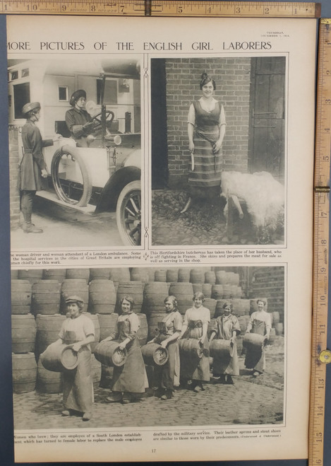 Pictures of English girl laborers. Hertfordshire butcheress, London ambulance driver and brewing beer. Original Antique WWI Rotogravure-Sepia Tone Print, photo 1916.