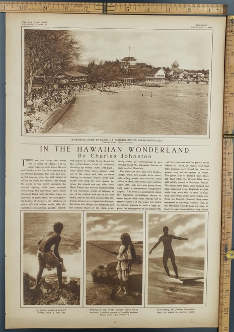 In the Hawaiian Wonderland by Charles Johnston. Surf bathers at Waikiki beach near Honolulu. An early surfing photo and a native surf fishing with a cast net.  Original Antique WWI Rotogravure-Sepia Tone Print, photo 1916.