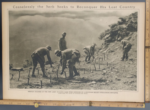 Ceaselessly the Serb seeks to reconquer his last country. Building barb wire defenses on a mountain height overlooking Monastir. Original Antique WWI Rotogravure-Sepia Tone Print, photo 1916.