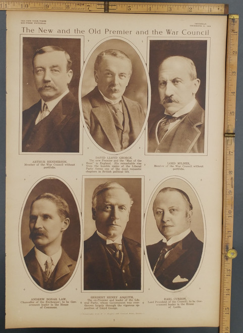 The new and the old premier and the war council:. David Lloyd George, Arthur Henderson, Lord Milner, Andrew Bonar Law, Herbert Henry Asquith and Earl Curzon. Original Antique WWI Rotogravure-Sepia Tone Print, photo 1916.