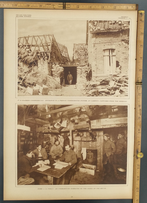 Entrance to a French underground system at Carency. French men in an underground barracks on the banks of the Meuse. Original Antique WWI Rotogravure-Sepia Tone Print, photo 1916.