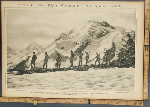 Mars in the High Mountains, an Alpine Study. Swiss patrol in the Theodule Pass, at the foot of the Breithorn Peak, in the Bernese Alps. Original Antique WWI Rotogravure-Sepia Tone Print, photo 1916.