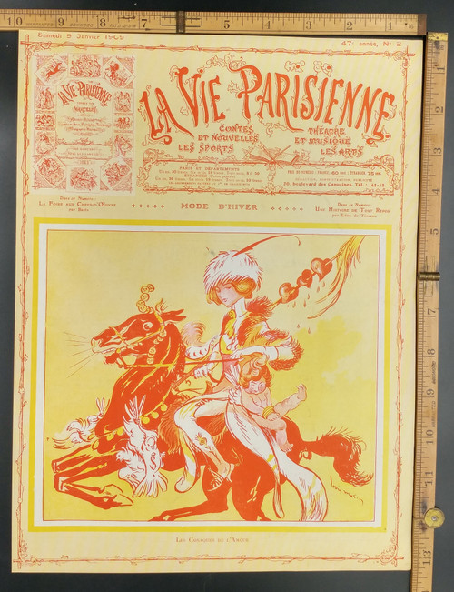 The Cossacks of love. Cupid and a lady with hearts riding a horse. Original Antique French color print from 1909.