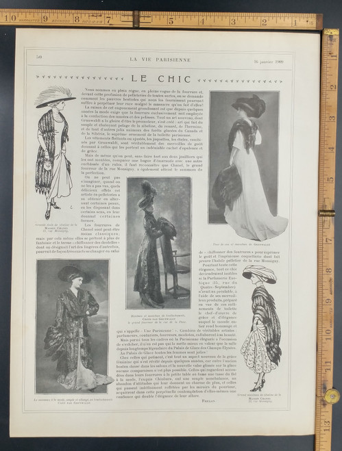 Le chic. Womens fashion in France. Coat and sleeve of breitschwantz, Created By Grunwaldt. Grunwaldt neck and sleeve. Original Antique French magazine print from 1909.