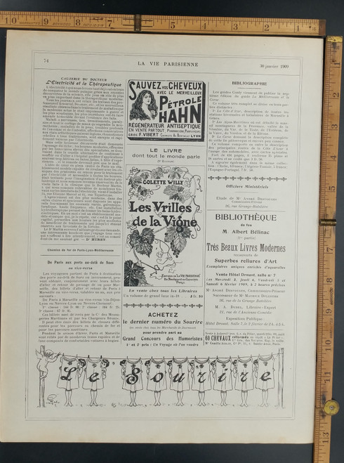 A variety of antique French advertisements including Les Vrilles de la Vigne and a cherub and people behind a clothesline. Original Antique French print from 1909.