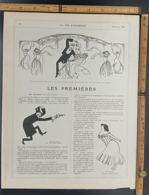 Mr. Baron son in a Big Deal. Man with a gun and dancing women. Original Antique French print from 1909.