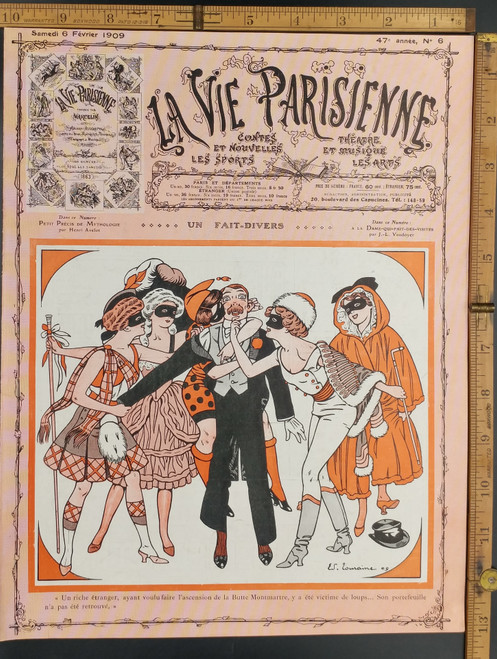 A man surrounded by masquerade girls. A wealthy foreigner, who wanted to climb the Butte Montmartre, fell victim to wolves there ... His wallet was not found. Original Antique French color print from 1909.