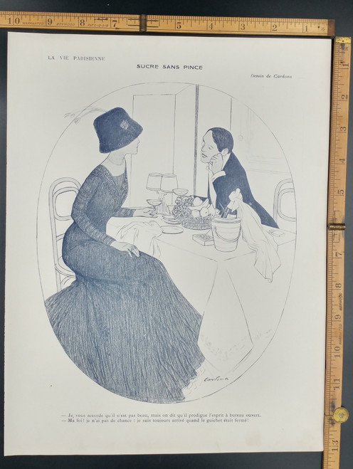 Sucre sans pince by Cardona. Well dressed man and young woman with a fancy hat at the dinner table. Original Antique French magazine print from 1909.