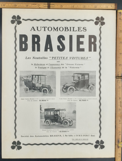 Automobiles Brasier. The new small cars: Grand Omnibus particulier. Societe des Automobiles Brasier. Old car advertisement. Original Antique French print from 1909.