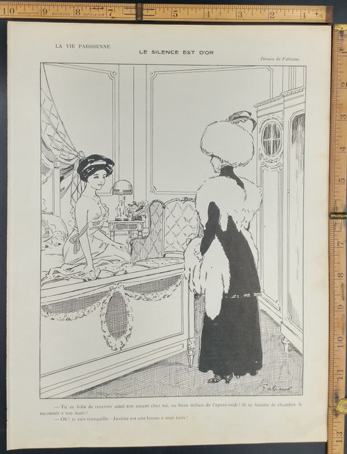 Silence is golden by Fabien Fabiano. You are crazy to receive your lover at home in the middle of the afternoon! What if your maid told your husband? Lesbian love?  Original Antique French print from 1909.