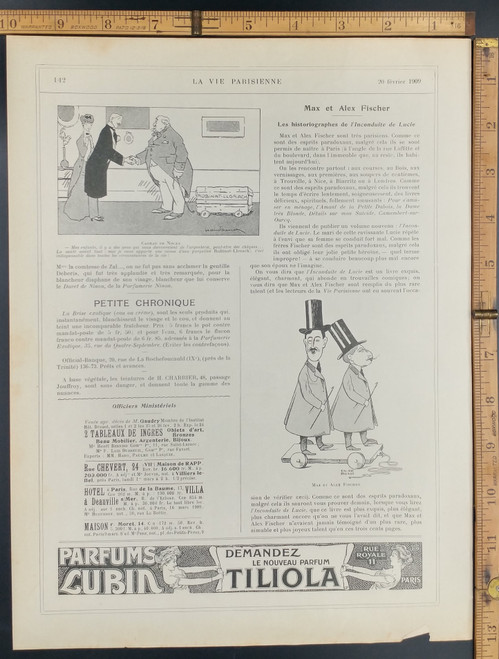 Max et Alex Fischer. Farfums Lubin Demandez le Nouveau Parfum Tiliola, Rue Royale 11 Paris. Original Antique French print from 1909.