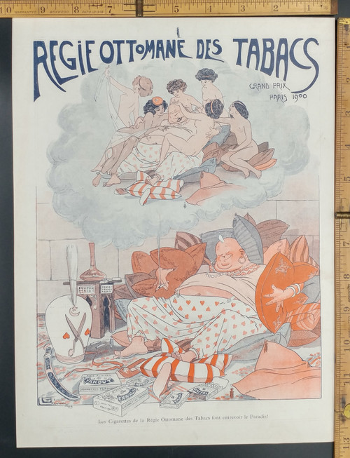 A fat man dreaming of his own harem of naked sexy women. Regie Ottoman des tabacs. The Cigarettes of the Ottoman Tobacco Regie let you see Paradise! Original Antique French color print from 1909.