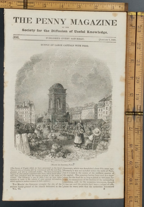 Innocens Market, Paris. Original Antique magazine print from 1837.