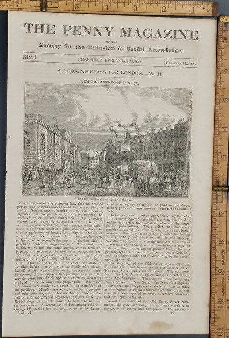 A looking glass for London number 2, the old Bailey sheriff's going to the court. Original Antique magazine print from 1837.