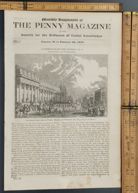 London legislation and government. Parliament Street, board of trade, Treasury and Whitehall. The King going to the house. Woodcut engraving. Original Antique magazine print from 1837.