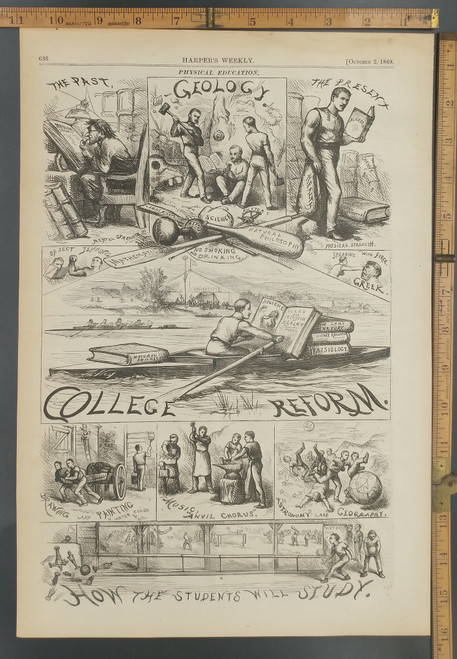 Copy of Thomas Nast, COLLEGE REFORM No Smoking Drinking MATH SCIENCE. How the students will study. Original Antique Print from 1869.