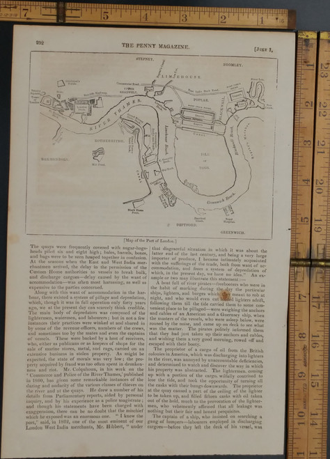 Map of the port of London: River Thames, Isle of Dogs, Victualling office, St. Katherine's Dock, West India and East India Docks. Woodcut engraving. Original Antique magazine print from 1837.