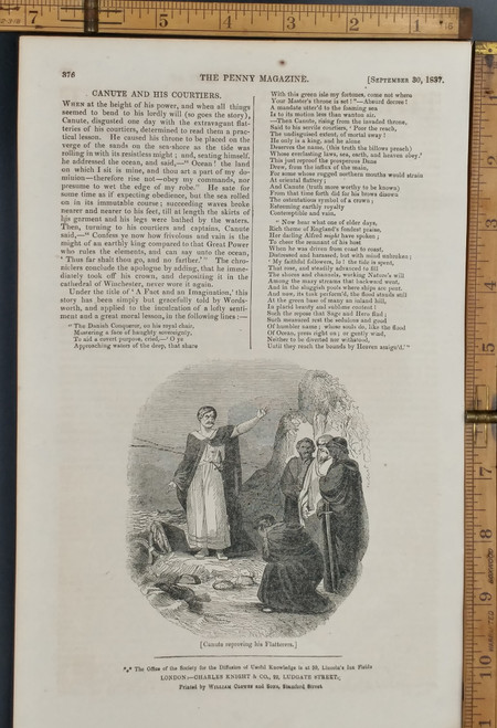 Canute reproving his Flatterers. Original Antique magazine print from 1837.