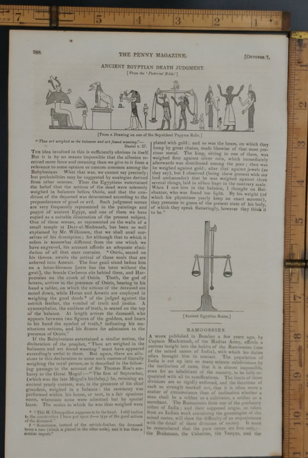 Ancient Egyptian Death Judgement. Egyptian scales. Original Antique magazine print from 1837.