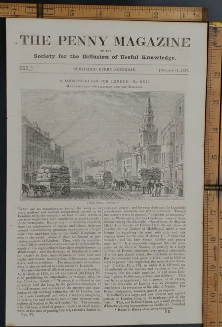 Looking Glass for London: Manufactures Spitalfields and the Borough. Horses with carts filled on High Street. Original Antique magazine print from 1837.