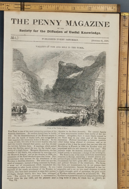 Valleys of Non and Sole in the Tyrol. Original Antique magazine print from 1837.