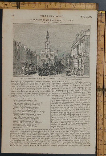 The strand, Churches of St. Mary-le-Strand and St. Clement Danes, with Front of Somerset House. Original Antique magazine print from 1837.